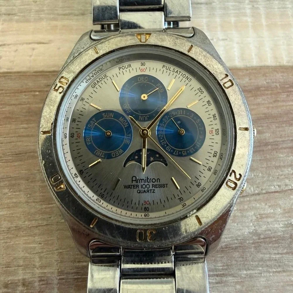 2000s Amitron Chronograph Watch with Blue Subdials and Moon Phase Display